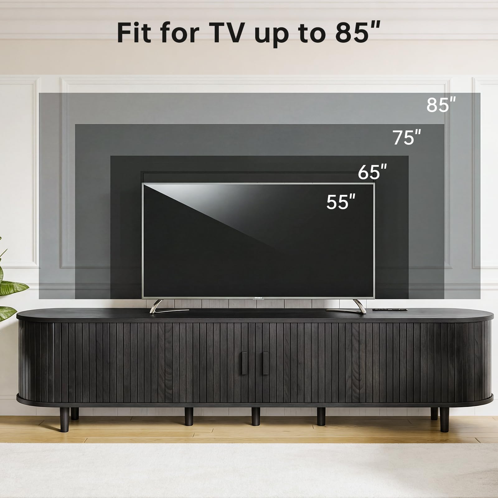 OneBlis 70" Mid Century Modern TV Stand, Wood TV Consoles with Sliding Doors and Power Outlet, Entertainment Center with Adjustable Shelves, Fluted TV Stands for Living Room, Walnut