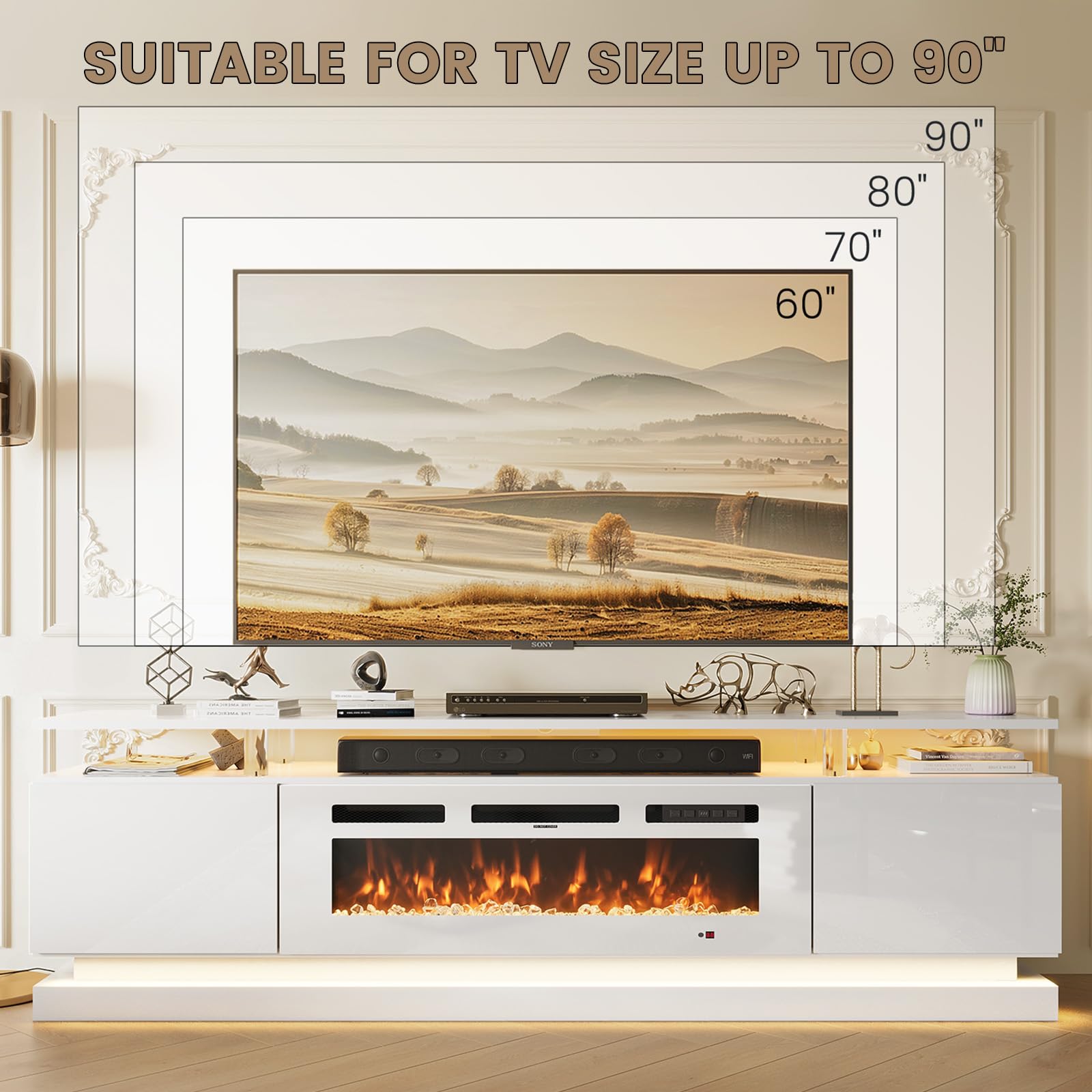 Nordivale 70" Fireplace TV Stand, Modern Entertainment Center for TVs Up to 80”, TV Console with Storage Cabinets, Media Console for Living Room, Black TV Stand and Black Fireplace