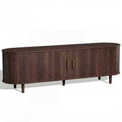 OneBlis 70" Mid Century Modern TV Stand, Wood TV Consoles with Sliding Doors and Power Outlet, Entertainment Center with Adjustable Shelves, Fluted TV Stands for Living Room, Walnut