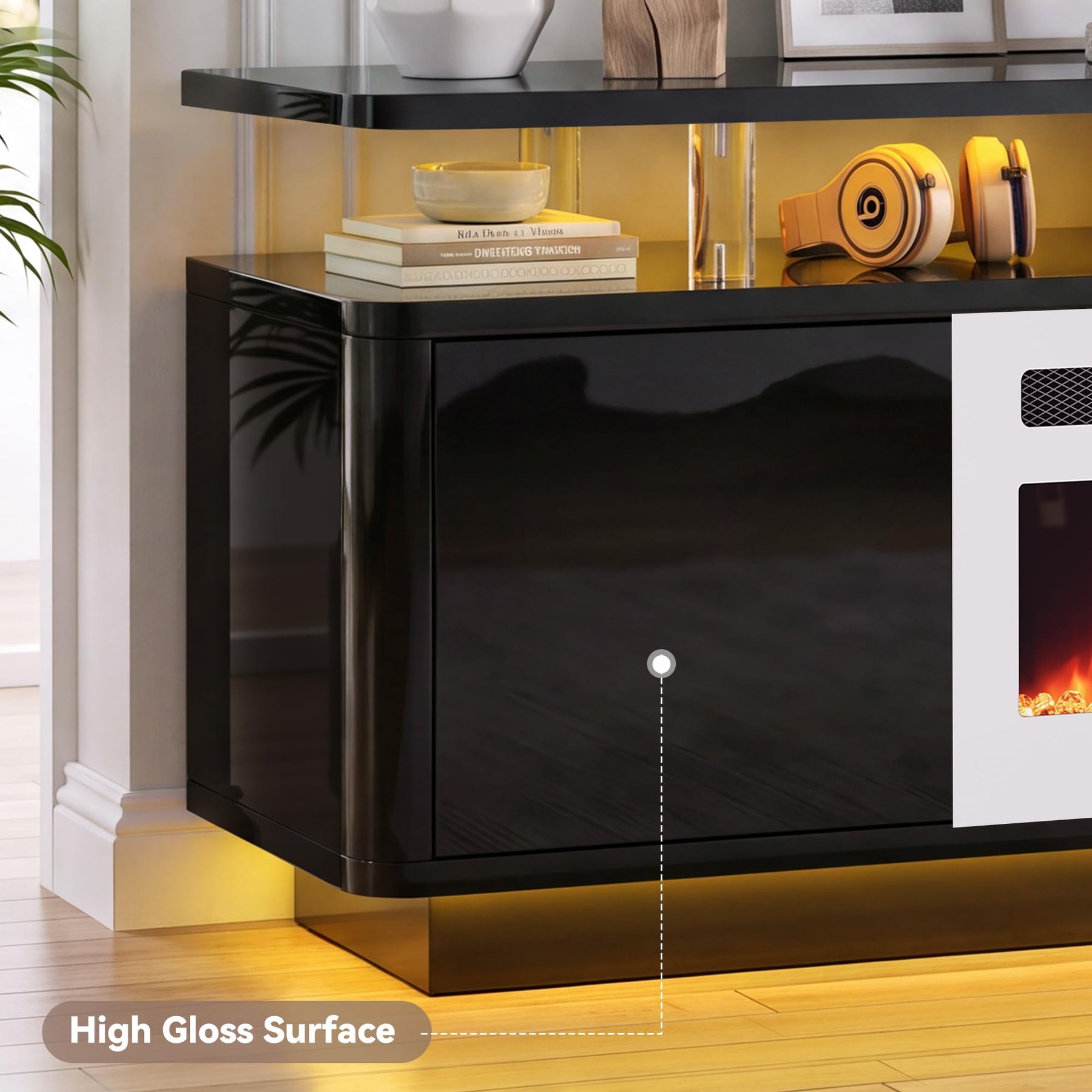 OneBlis 70" Fireplace TV Stand with Double LED Lights for TVs UP to 80", Electric Fireplace Entertainment Center with Storage Cabinets, TV Console for Living Room, Office, Black1