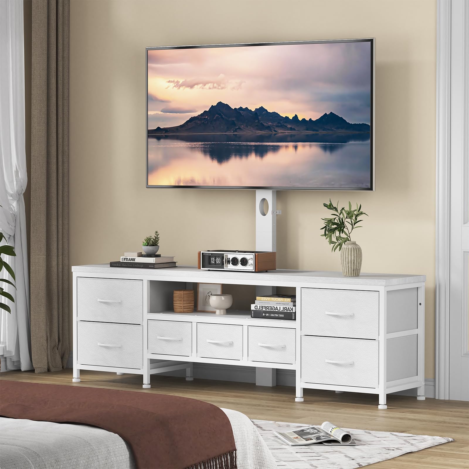 DrawXynth TV Stand with Mount for 45/55/65/75 inch TVs, 51.2" Dresser TV Stand Entertainment Center with 7 Fabric Drawers, Open Storage Shelves, Media Console for Living Room