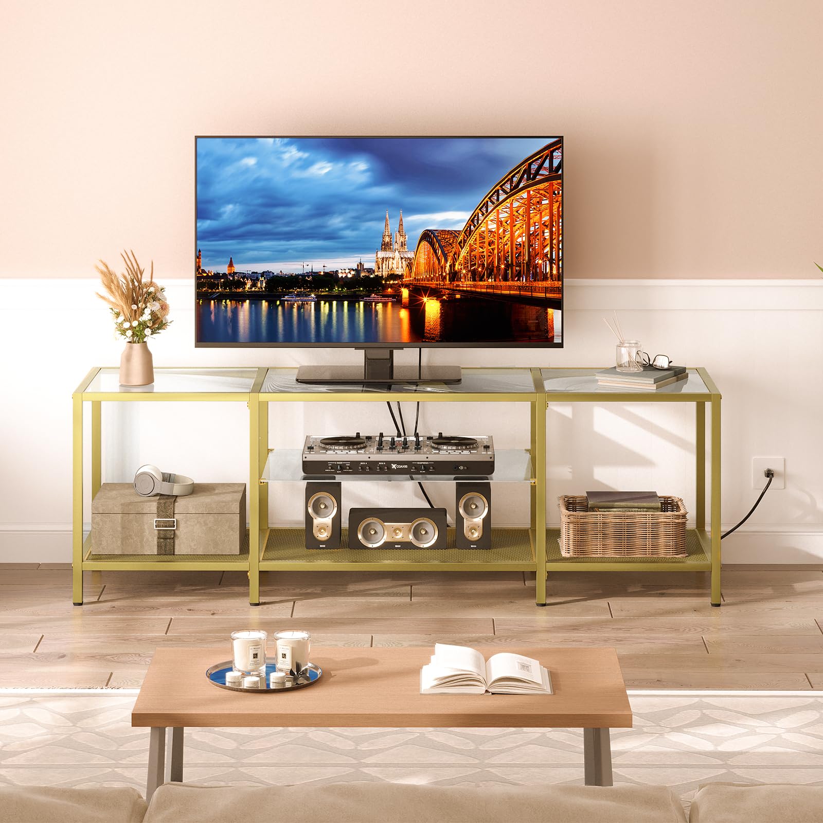 HOOBRO TV Stand with LED Lights and Power Outlets for TVs up to 75", Modern 70.9 Inch Tempered Glass TV Console Table with Open Shelves, Media Entertainment Center for Living Room, Gold GD185UDS01
