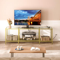 HOOBRO TV Stand with LED Lights and Power Outlets for TVs up to 75", Modern 70.9 Inch Tempered Glass TV Console Table with Open Shelves, Media Entertainment Center for Living Room, Gold GD185UDS01