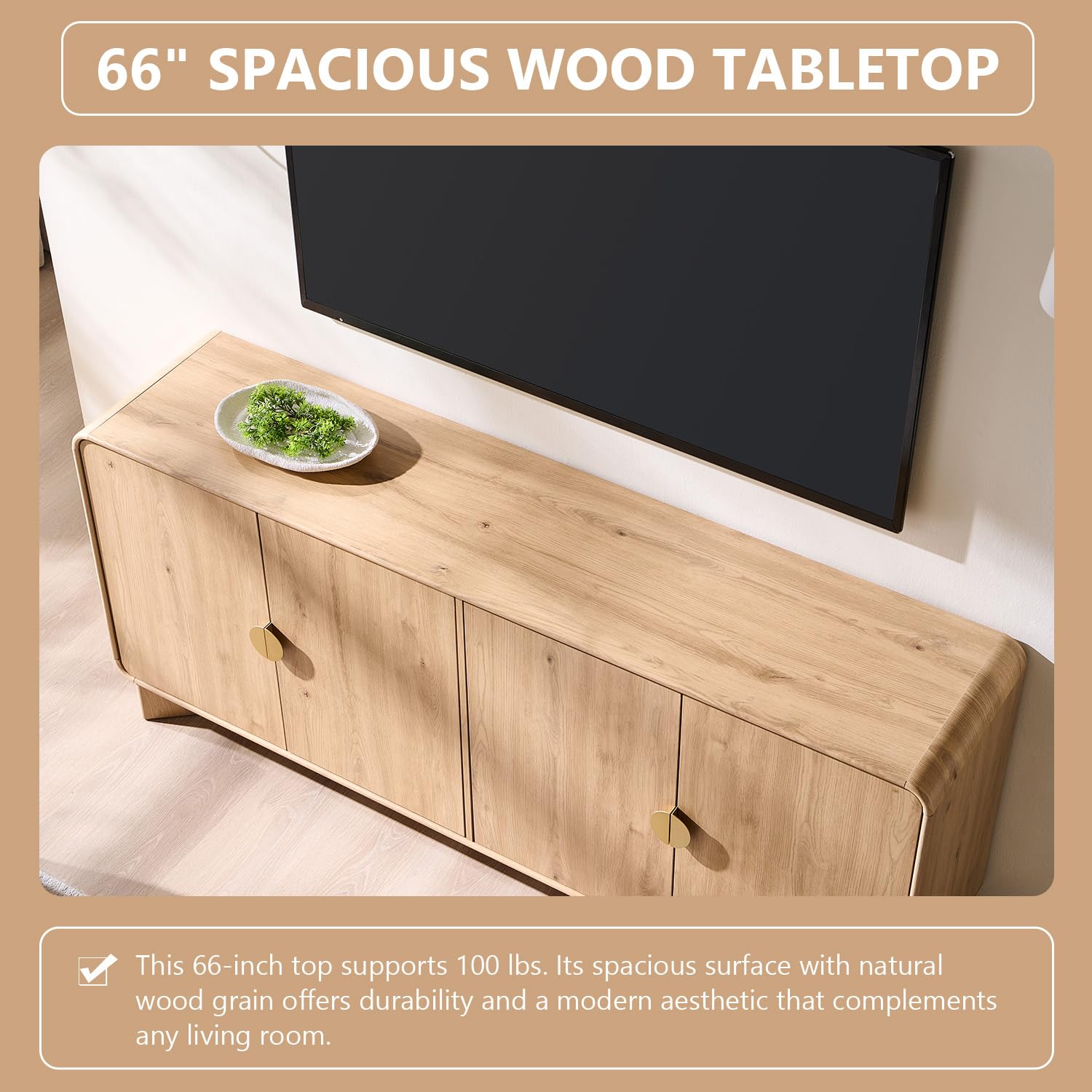 IFGET 70" Modern TV Stand with Storage, Wood Curved TV Console, Natural Oak