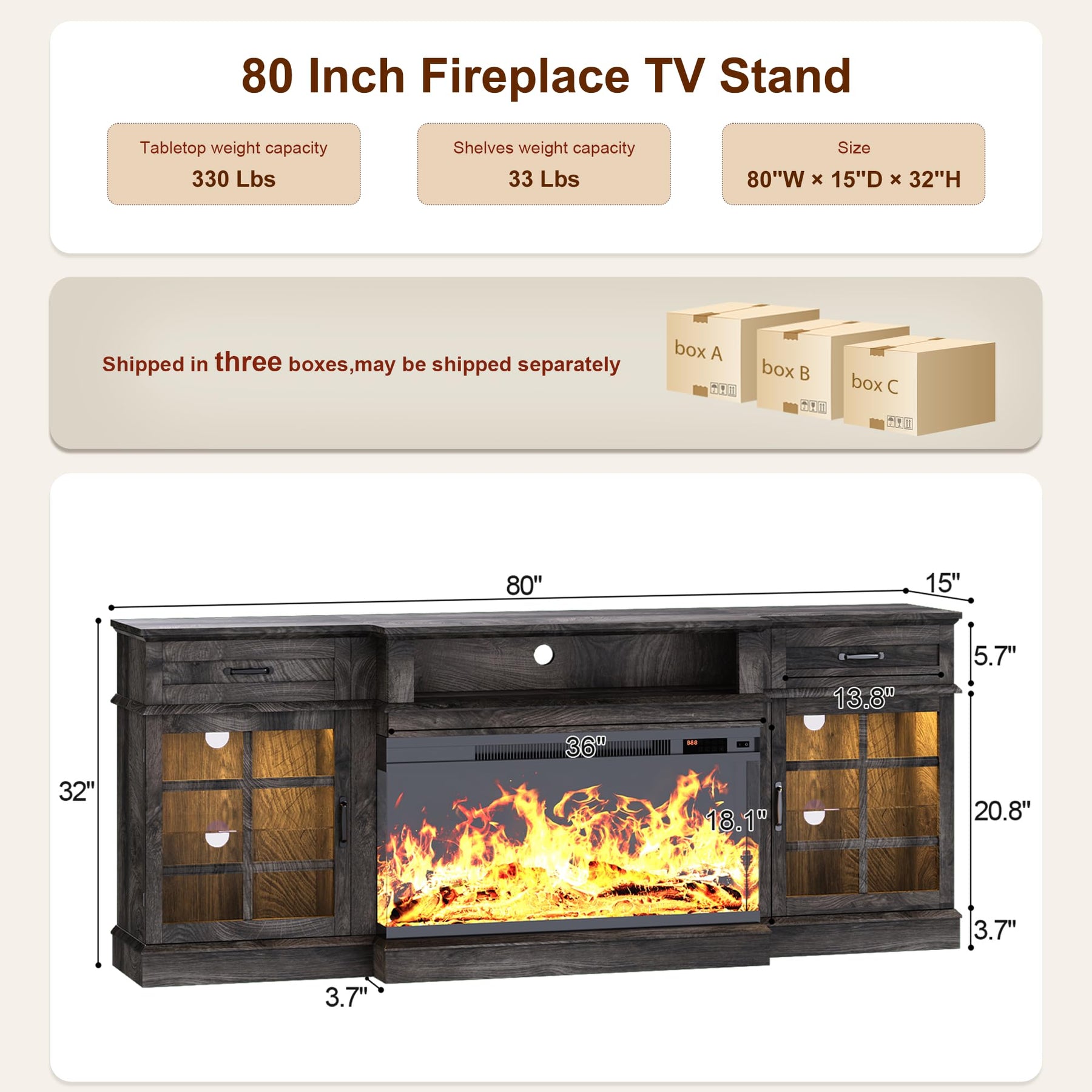 MXV 70" Fireplace TV Stand, 3-Sided Glass Fireplace and Modern Entertainment Center, Wooden Media Console with Glass Doors & Storage Drawers, LED Light, for Living Room, Antique White