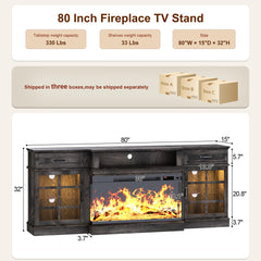MXV 70" Fireplace TV Stand, 3-Sided Glass Fireplace and Modern Entertainment Center, Wooden Media Console with Glass Doors & Storage Drawers, LED Light, for Living Room, Antique White