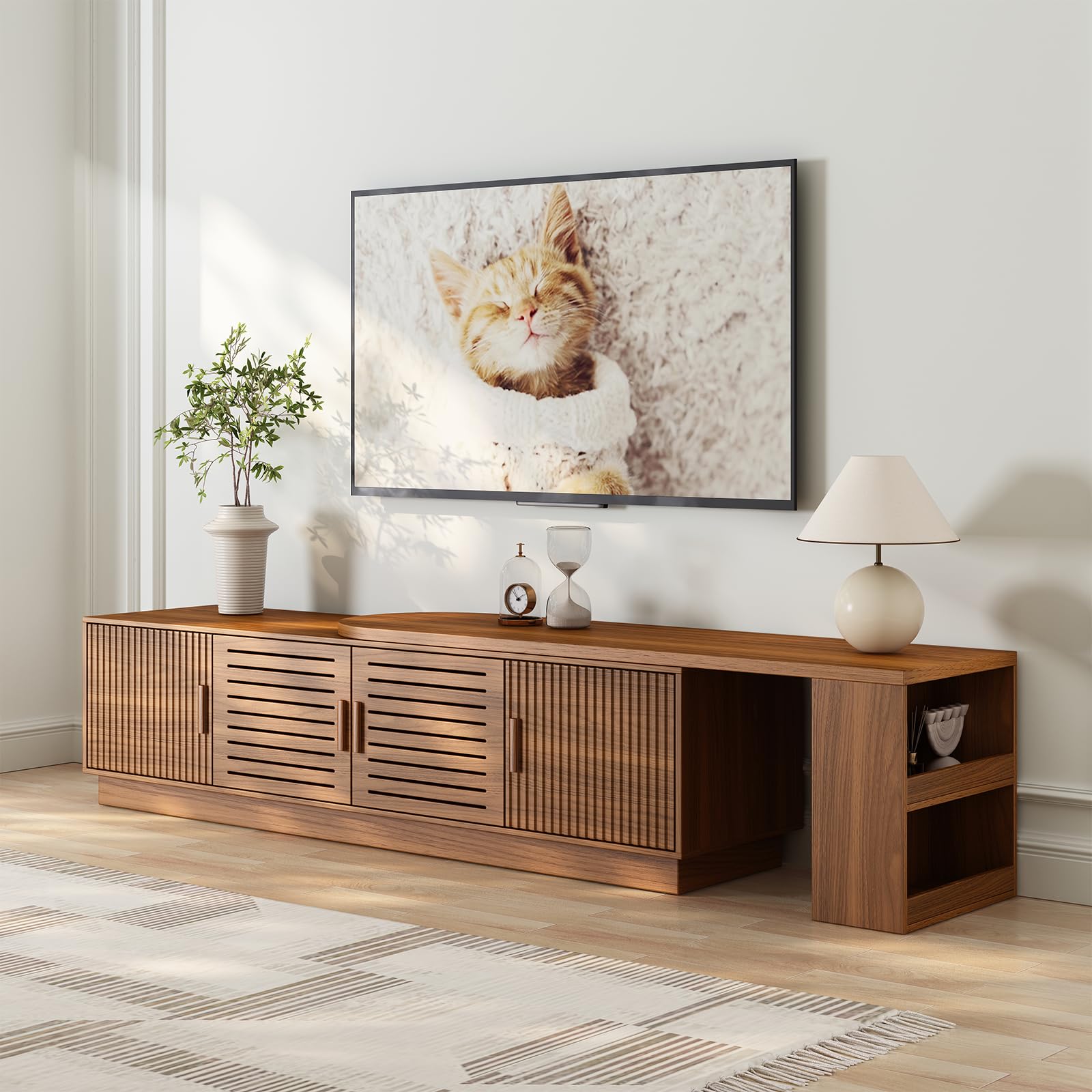 JGOEI 75"-85" or 90" Mid Century Modern TV Stands, Extendable TV Stand with 4 Storage Cabinets, TV Console with Storage, Adjustable TV Stand for Up to 98 Inch TVs, Modern Entertainment Center, Black