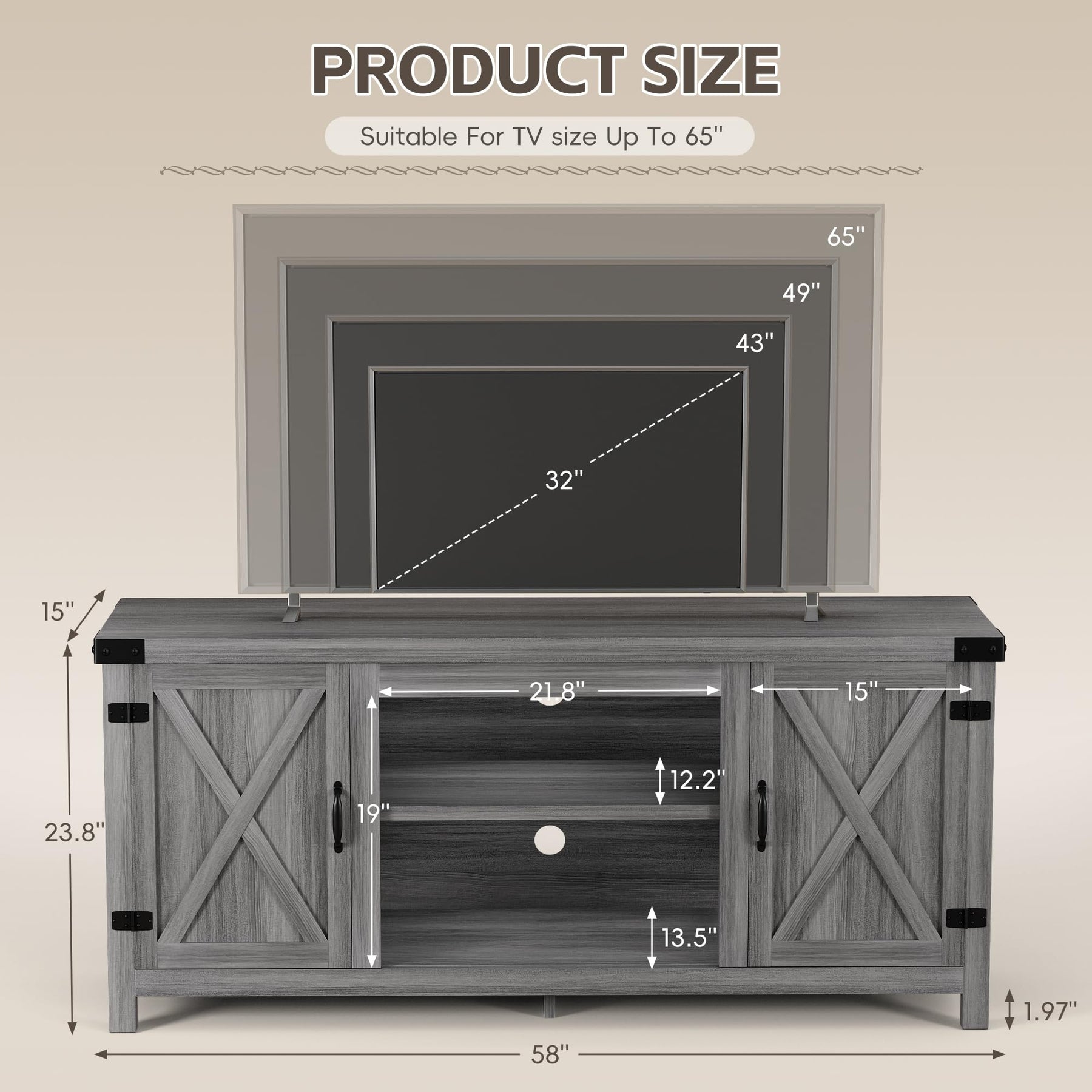 YESHOMY Modern Farmhouse TV Stand with Barn Door for 65 Inch TV, Gray Wash