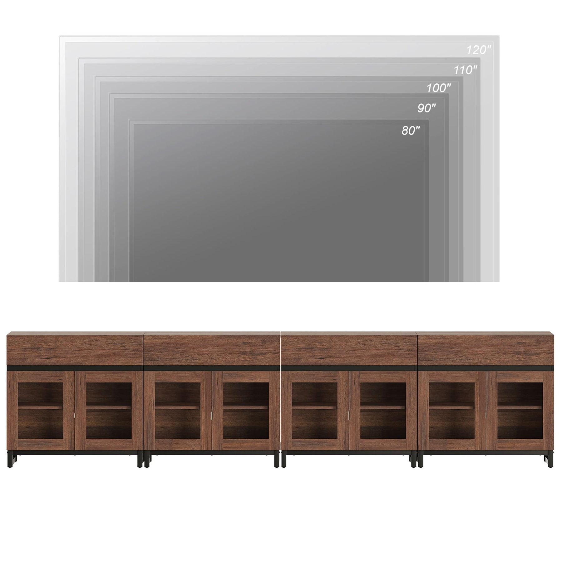 WAMPAT Modern TV Stand with Glass Doors for 80-120 inch TVs, 4 in 1 Entertainment Center Console with 4 Drawers and Metal Base for Living Room, Bedroom, Brown