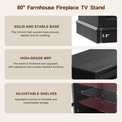 MXV 70" Fireplace TV Stand, 3-Sided Glass Fireplace and Modern Entertainment Center, Wooden Media Console with Glass Doors & Storage Drawers, LED Light, for Living Room, Antique White