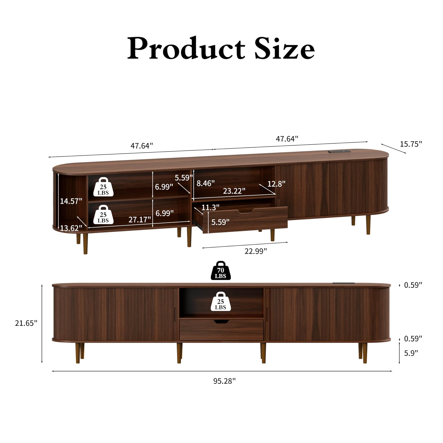 DHH 86.6" Fluted TV Stand with Power Outlet for TVs up to 90", TV Console with Adjustable Shelves and Sliding Door,Mid Century Modern Entertainment Center for Living Room,Bedroom (Walnut)