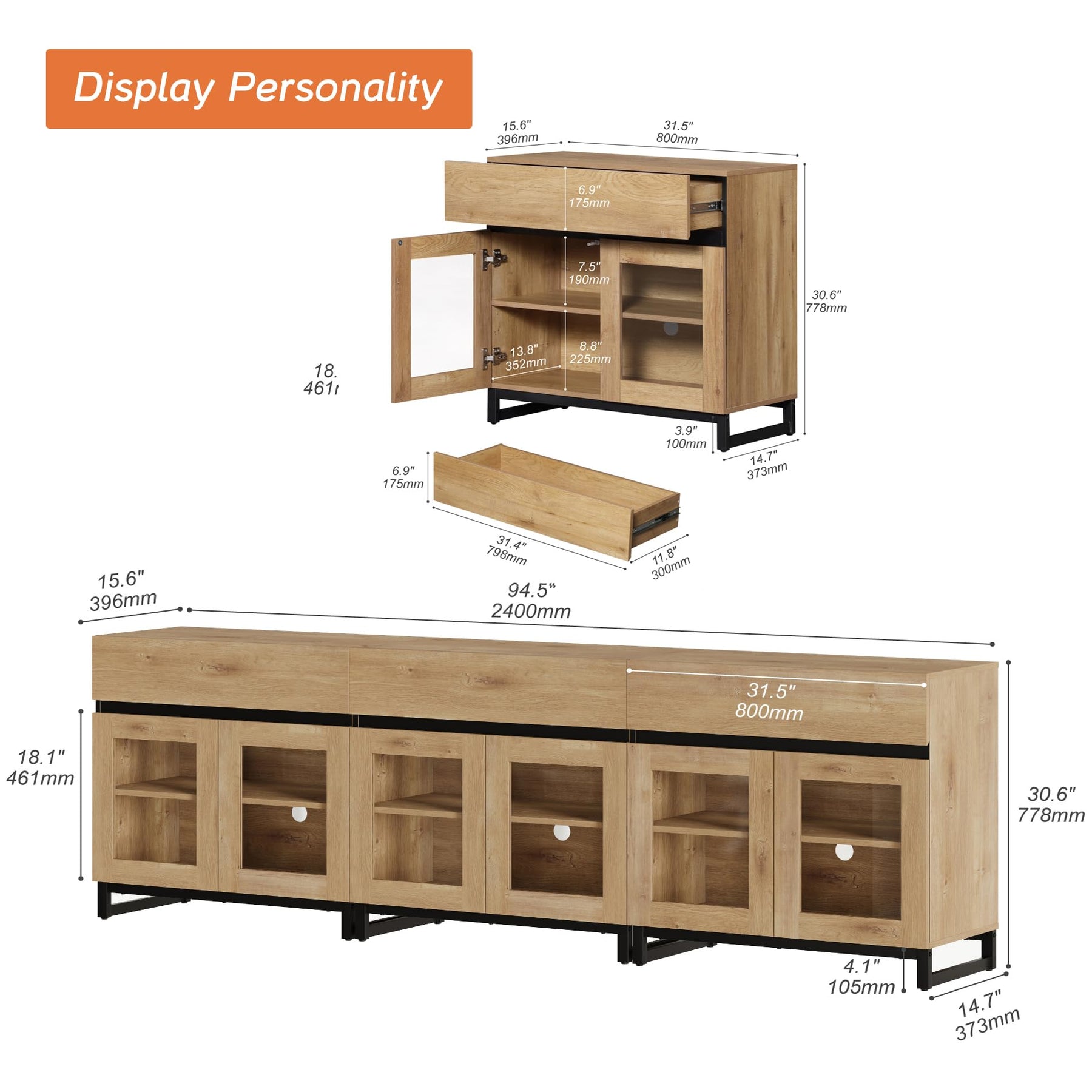 WAMPAT Modern TV Stand with Glass Doors for 80-120 inch TVs, 4 in 1 Entertainment Center Console with 4 Drawers and Metal Base for Living Room, Bedroom, Brown