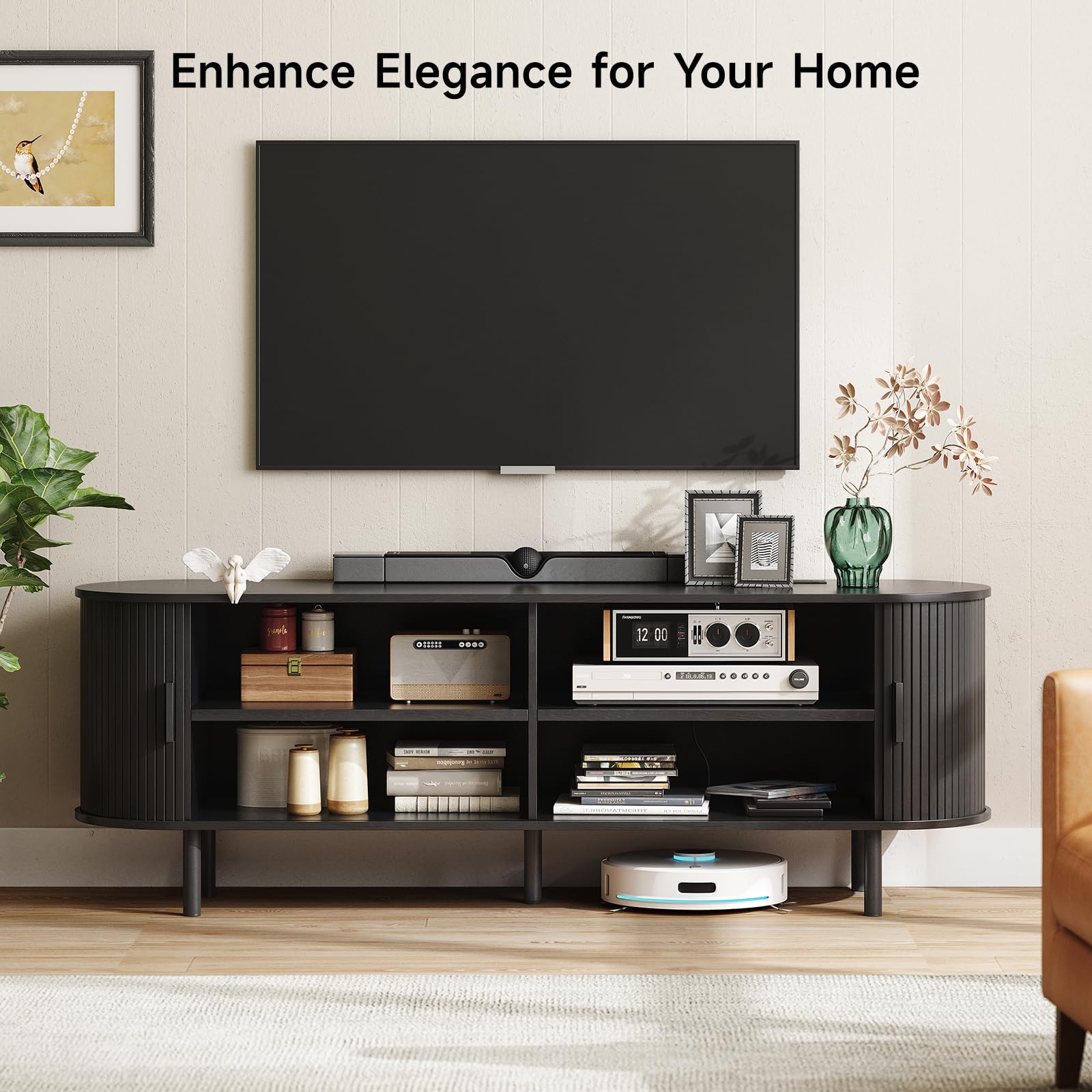 ONBRILL 70.8" TV Stand with Power Outlet for TVs up to 75 Inch, Entertainment Center with Storage and Adjustable Shelves, Modern Media Console with Sliding Doors for Living Room, Walnut
