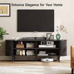 ONBRILL 70.8" TV Stand with Power Outlet for TVs up to 75 Inch, Entertainment Center with Storage and Adjustable Shelves, Modern Media Console with Sliding Doors for Living Room, Walnut