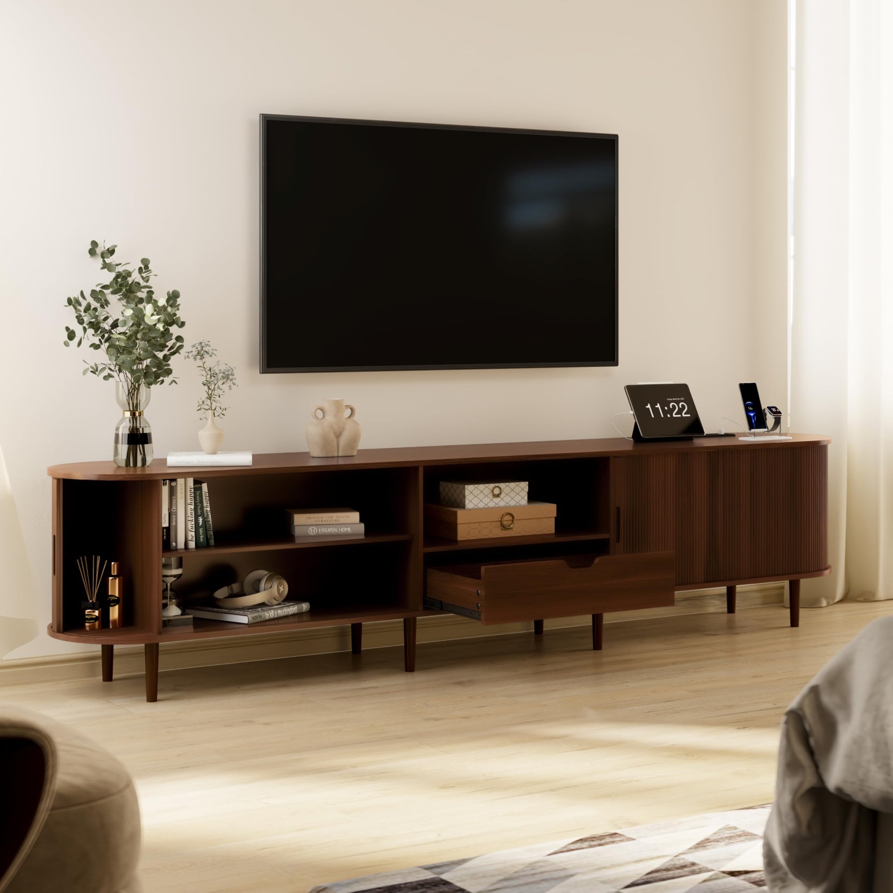 DHH 86.6" Fluted TV Stand with Power Outlet for TVs up to 90", TV Console with Adjustable Shelves and Sliding Door,Mid Century Modern Entertainment Center for Living Room,Bedroom (Walnut)