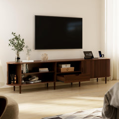 DHH 86.6" Fluted TV Stand with Power Outlet for TVs up to 90", TV Console with Adjustable Shelves and Sliding Door,Mid Century Modern Entertainment Center for Living Room,Bedroom (Walnut)