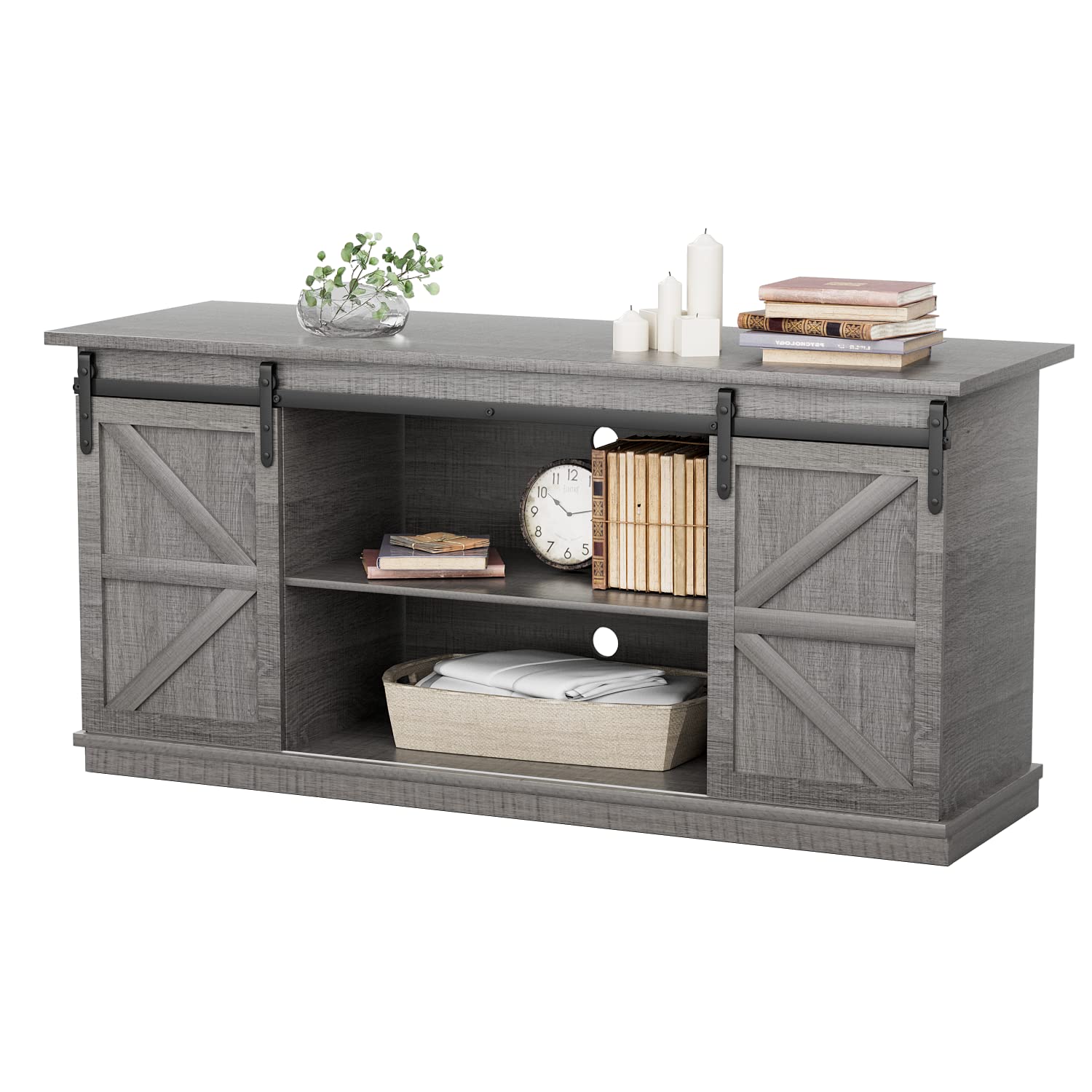 YESHOMY 58" Farmhouse TV Stand for TVs up to 65", Sliding Barn Doors, White