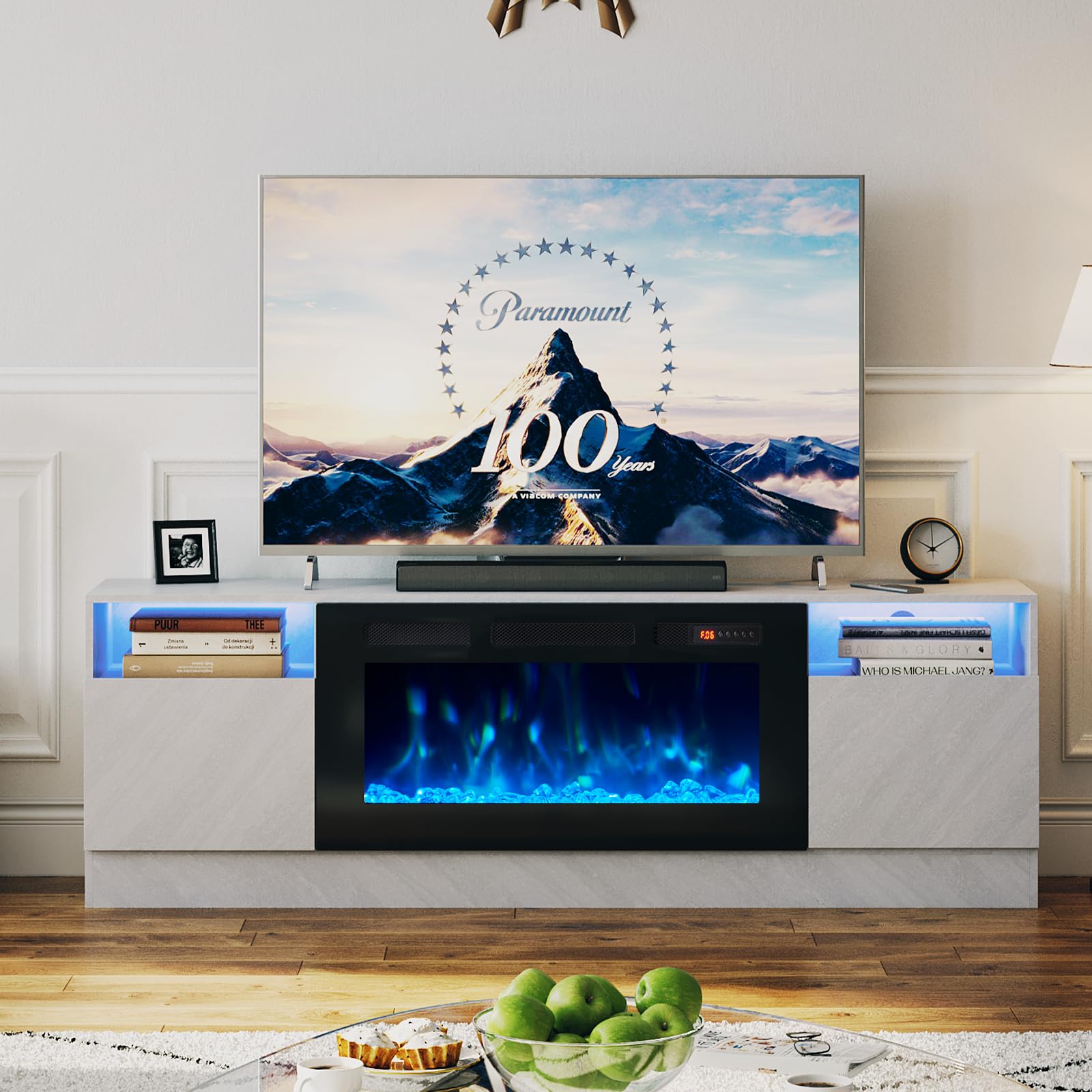 oneinmil Fireplace TV Stand with 36" Electric Fireplace, LED Light Entertainment Center, Modern Wood Texture Entertainment Stand with Highlight Storage Cabinet for TVs Up to 80", 70 inches, Black