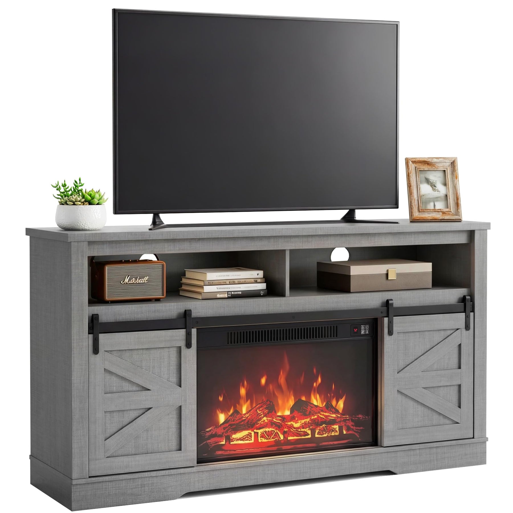YESHOMY 58" Farmhouse TV Stand for TVs up to 65", Sliding Barn Doors, White