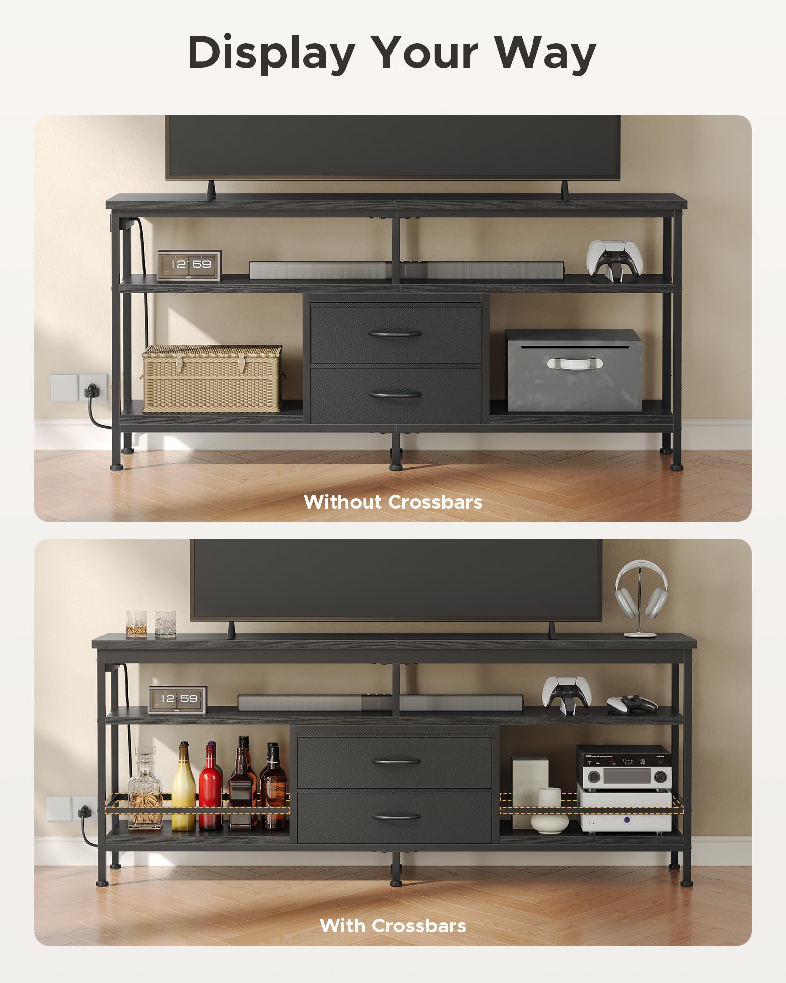 Lazzanto 63in TV Stand for 55-75in TVs, LED Lights, Charging Station, Black