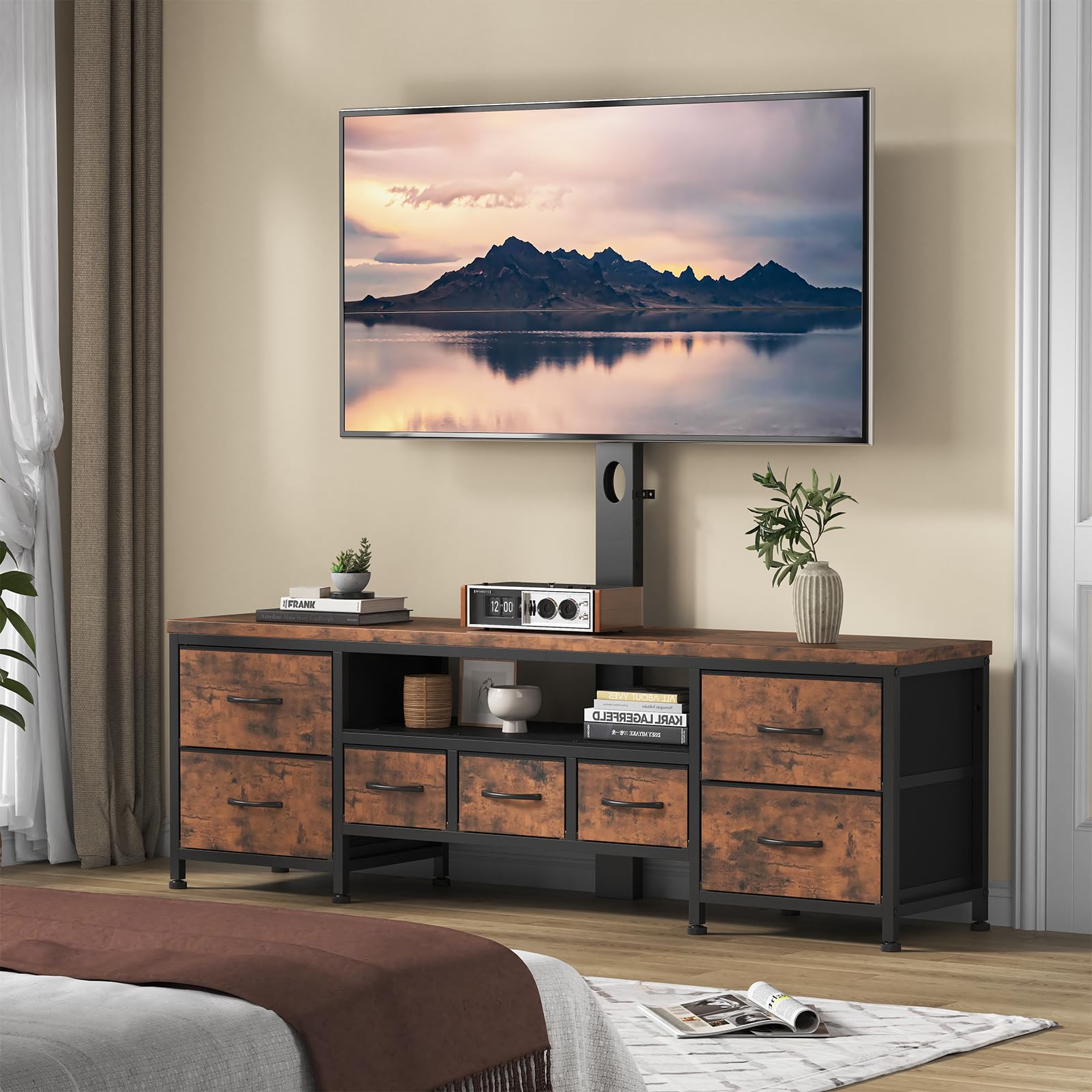 DrawXynth TV Stand with Mount for 45/55/65/75 inch TVs, 51.2" Dresser TV Stand Entertainment Center with 7 Fabric Drawers, Open Storage Shelves, Media Console for Living Room