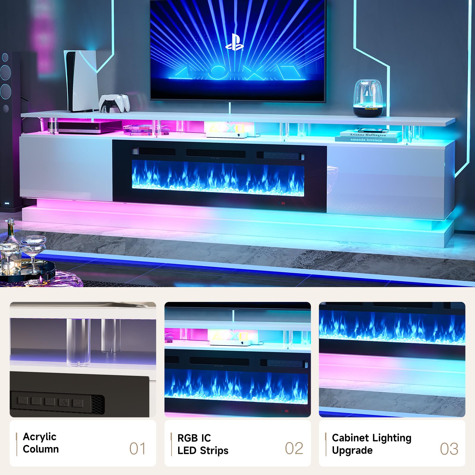 Nordivale 70" Fireplace TV Stand, Modern Entertainment Center for TVs Up to 80”, TV Console with Storage Cabinets, Media Console for Living Room, Black TV Stand and Black Fireplace