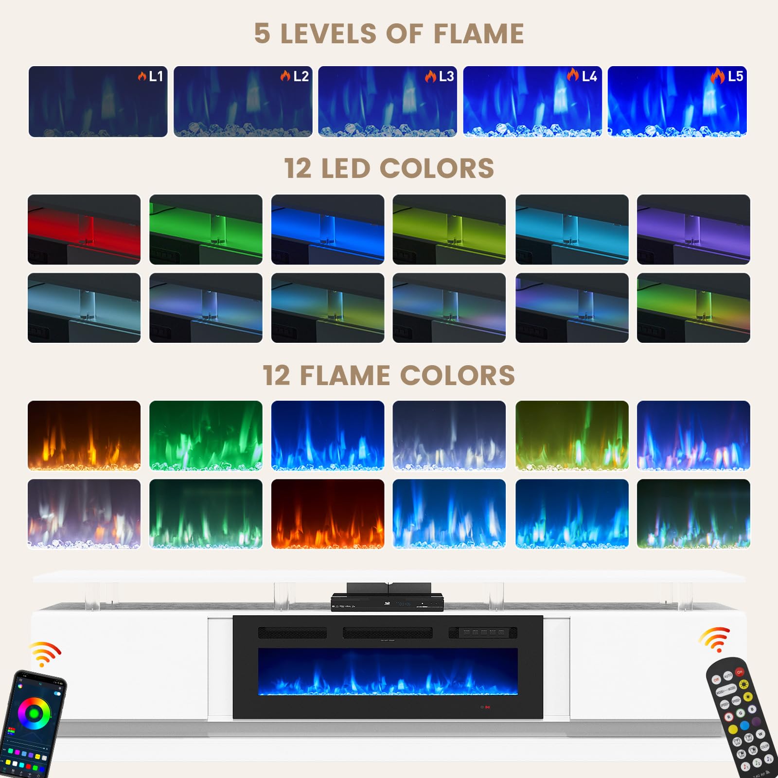 Nordivale 70" Fireplace TV Stand, Modern Entertainment Center for TVs Up to 80”, TV Console with Storage Cabinets, Media Console for Living Room, Black TV Stand and Black Fireplace