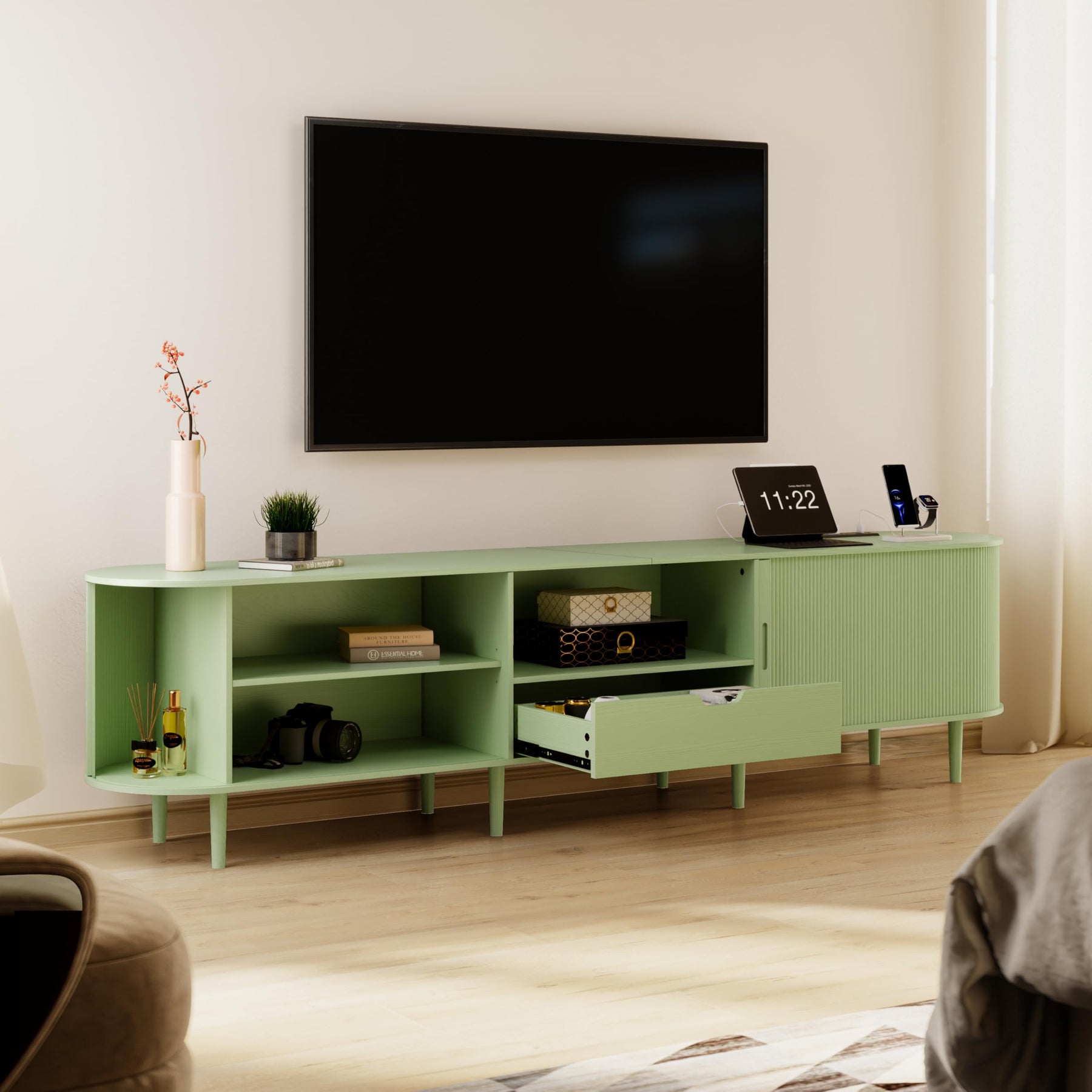 DHH 86.6" Fluted TV Stand with Power Outlet for TVs up to 90", TV Console with Adjustable Shelves and Sliding Door,Mid Century Modern Entertainment Center for Living Room,Bedroom (Walnut)