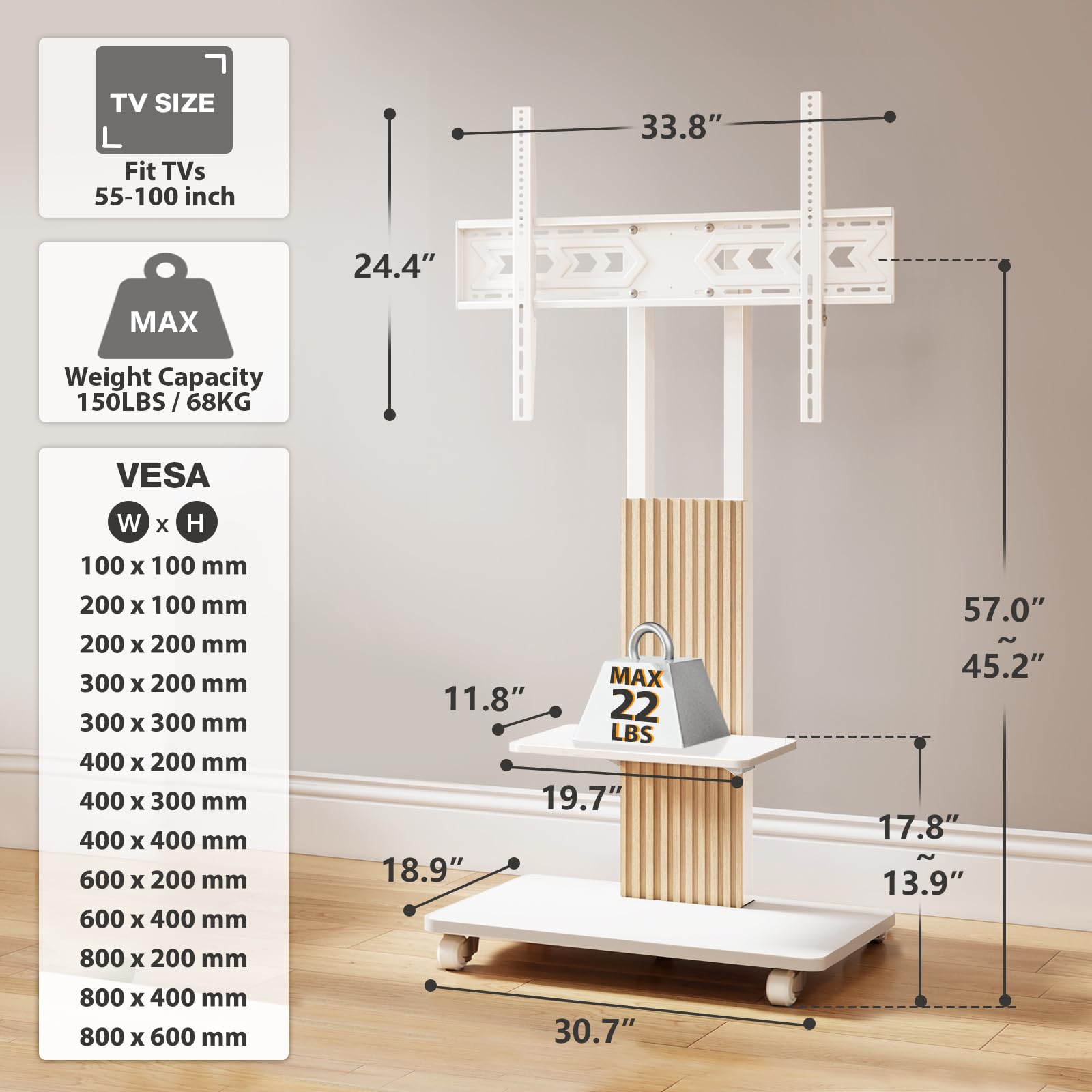 TVON Heavy Duty Rolling TV Stand for 55-100 inch Large Screens