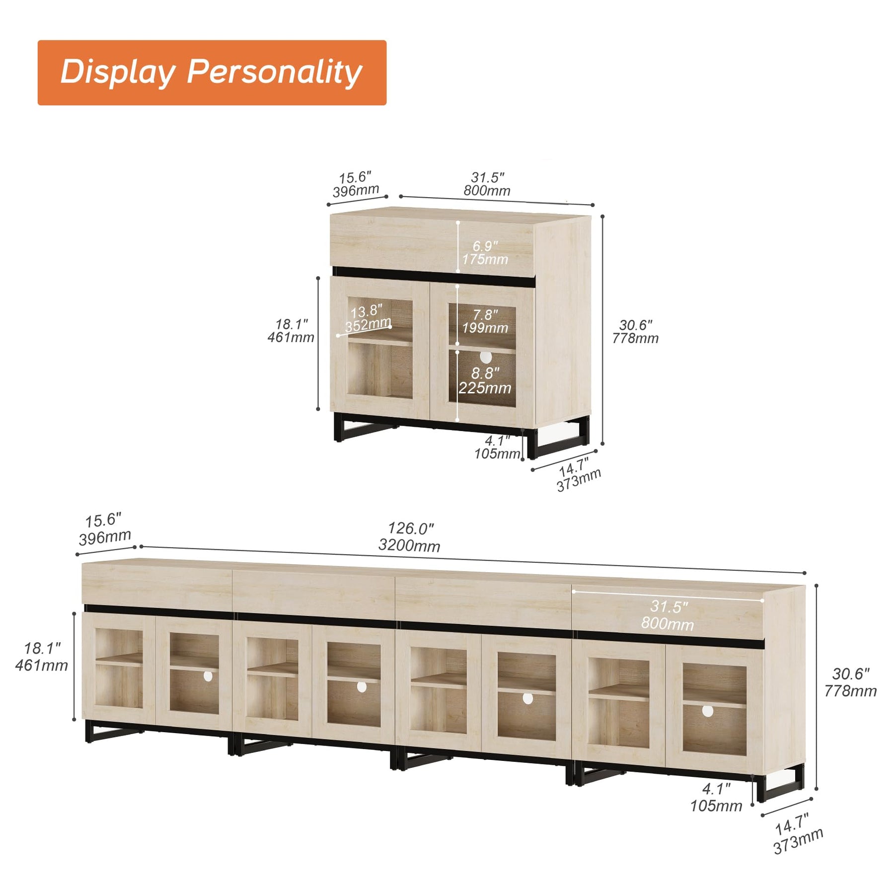 WAMPAT Modern TV Stand with Glass Doors for 80-120 inch TVs, 4 in 1 Entertainment Center Console with 4 Drawers and Metal Base for Living Room, Bedroom, Brown