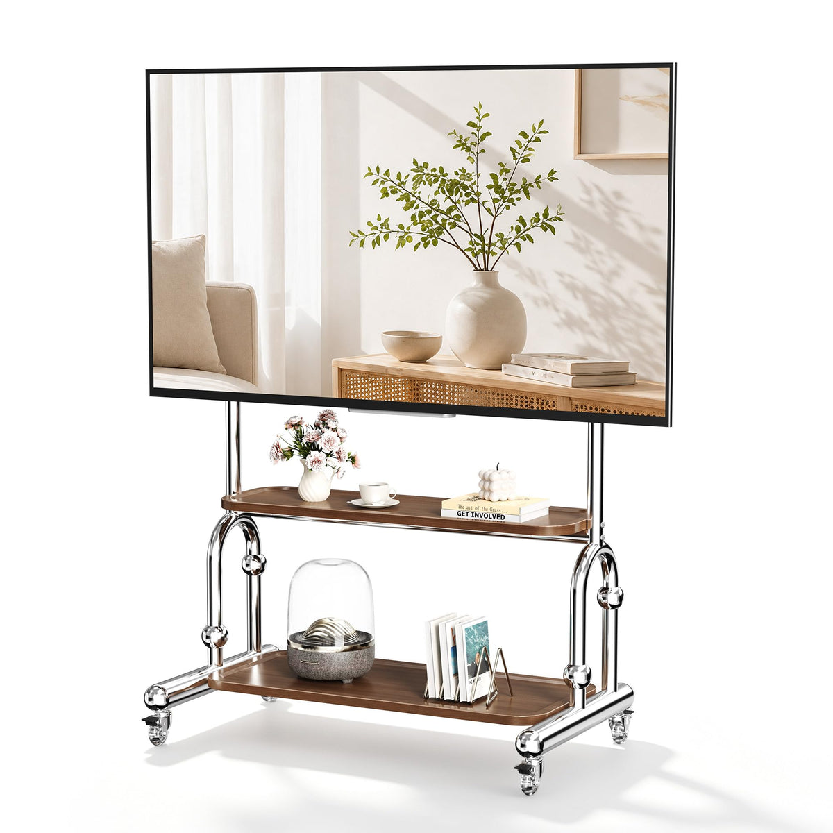 Stainless Steel Rolling TV Stand for 32 to 75 Inch TVs with Dual Shelves