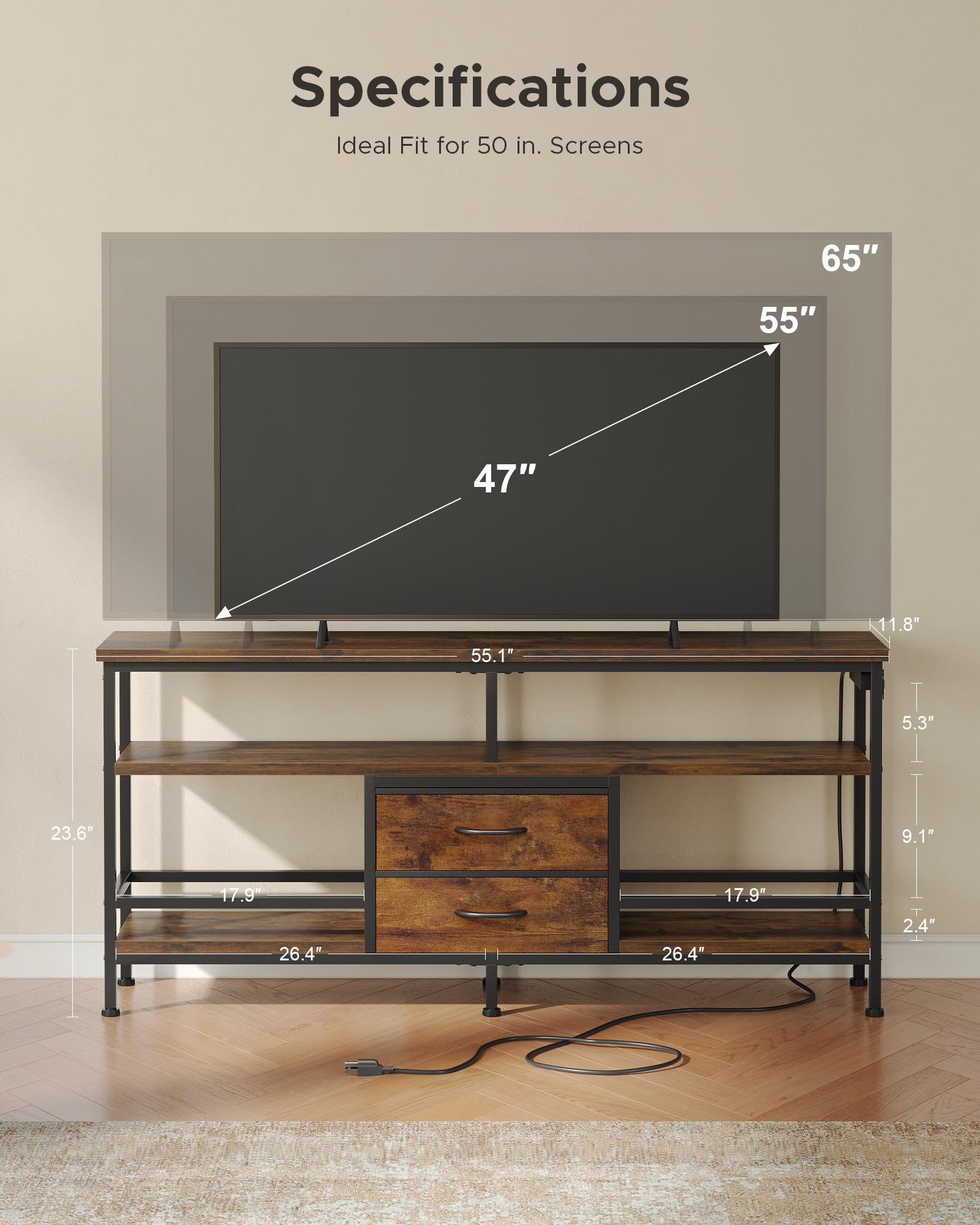 Lazzanto 63in TV Stand for 55-75in TVs, LED Lights, Charging Station, Black