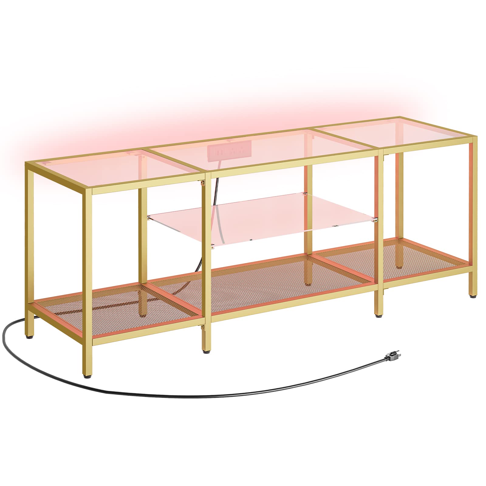 HOOBRO TV Stand with LED Lights and Power Outlets for TVs up to 75", Modern 70.9 Inch Tempered Glass TV Console Table with Open Shelves, Media Entertainment Center for Living Room, Gold GD185UDS01