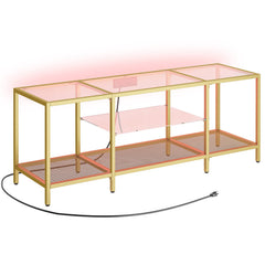 HOOBRO TV Stand with LED Lights and Power Outlets for TVs up to 75", Modern 70.9 Inch Tempered Glass TV Console Table with Open Shelves, Media Entertainment Center for Living Room, Gold GD185UDS01