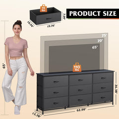 WLIVE Dresser TV Stand for 75 Inch TV, 9 Drawer Dresser for Bedroom, Black