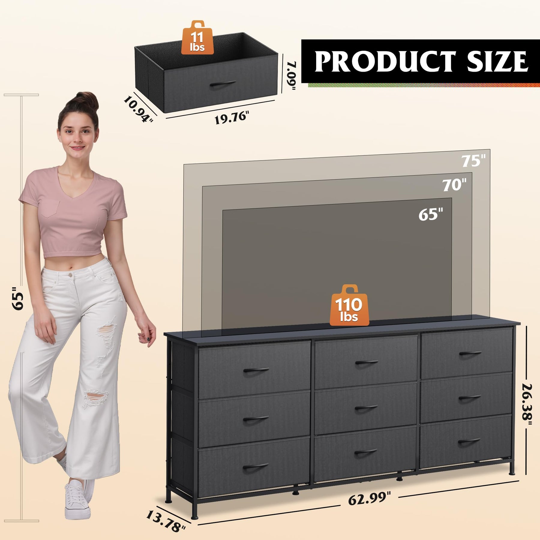 WLIVE Dresser TV Stand for 75 Inch TV, 9 Drawer Dresser for Bedroom, Black