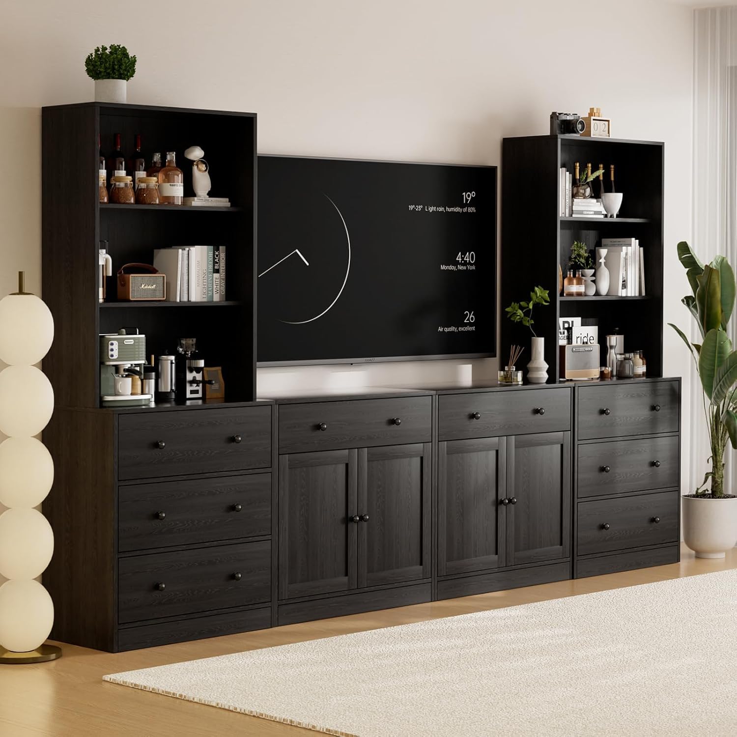 TUSY 71" Large TV Stand Set - TV Entertainment Center for TVs up to 65", Media Center with Tempered Glass Doors and Drawer, TV Hutch with Bookshelves for Living Room (White, BDDB)