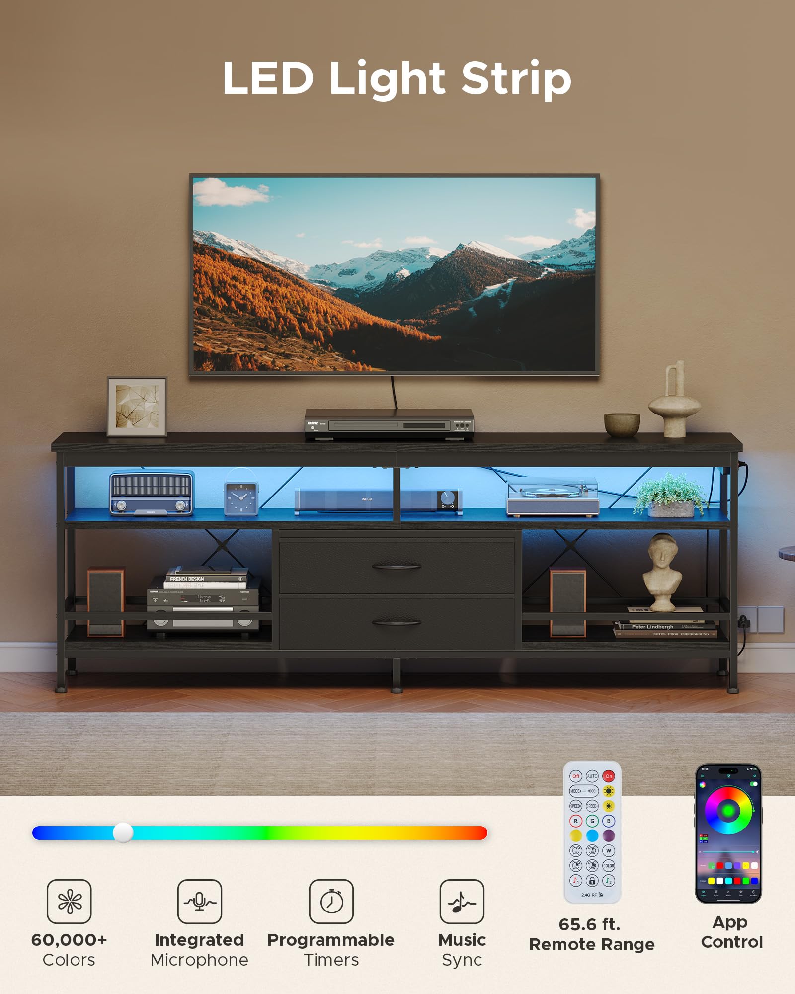 Lazzanto 63in TV Stand for 55-75in TVs, LED Lights, Charging Station, Black
