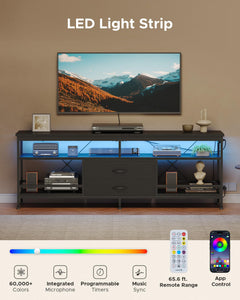 Lazzanto 63in TV Stand for 55-75in TVs, LED Lights, Charging Station, Black