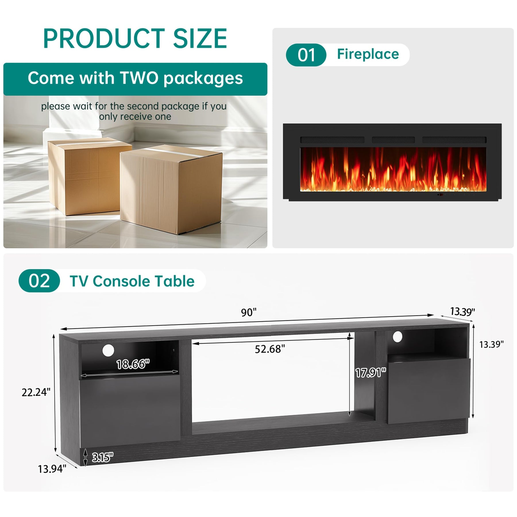 oneinmil Fireplace TV Stand with 36" Electric Fireplace, LED Light Entertainment Center, Modern Wood Texture Entertainment Stand with Highlight Storage Cabinet for TVs Up to 80", 70 inches, Black