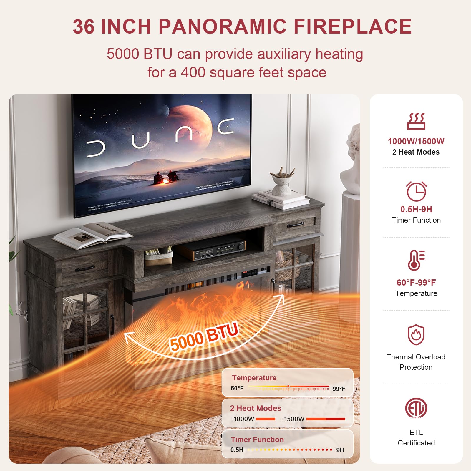 MXV 70" Fireplace TV Stand, 3-Sided Glass Fireplace and Modern Entertainment Center, Wooden Media Console with Glass Doors & Storage Drawers, LED Light, for Living Room, Antique White
