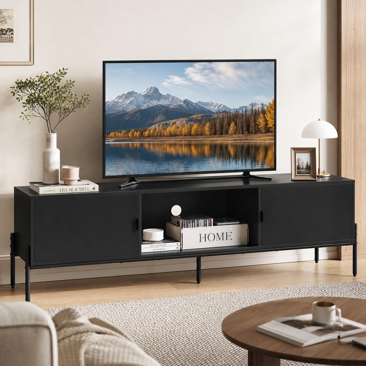 WLIVE 58" TV Stand for 65 Inch TVs, Mid Century Modern Entertainment Center with 2 Storage Cabinets & Open Shelf, Media Console Table with Metal Legs for Living Room, Bedroom, Rustic Brown