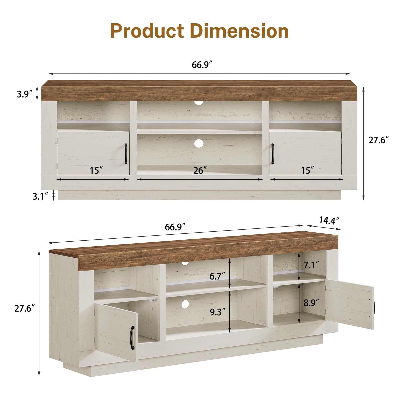 TEENFON 67" TV Stand for 75 inch TV, Entertainment Center with LED Lights | TV Console, Media Console Table with Open Storage & Side Cabinets, TV Stands for Living Room, Bedroom, Natural Knotty Oak