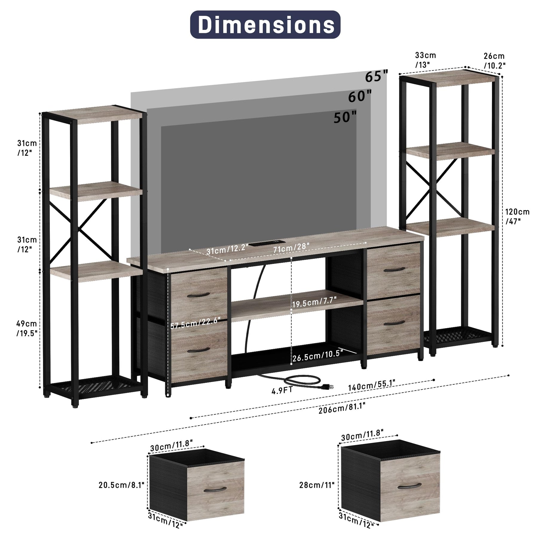 LED TV Stand Entertainment Center Bookshelf Combo with Charging Station
