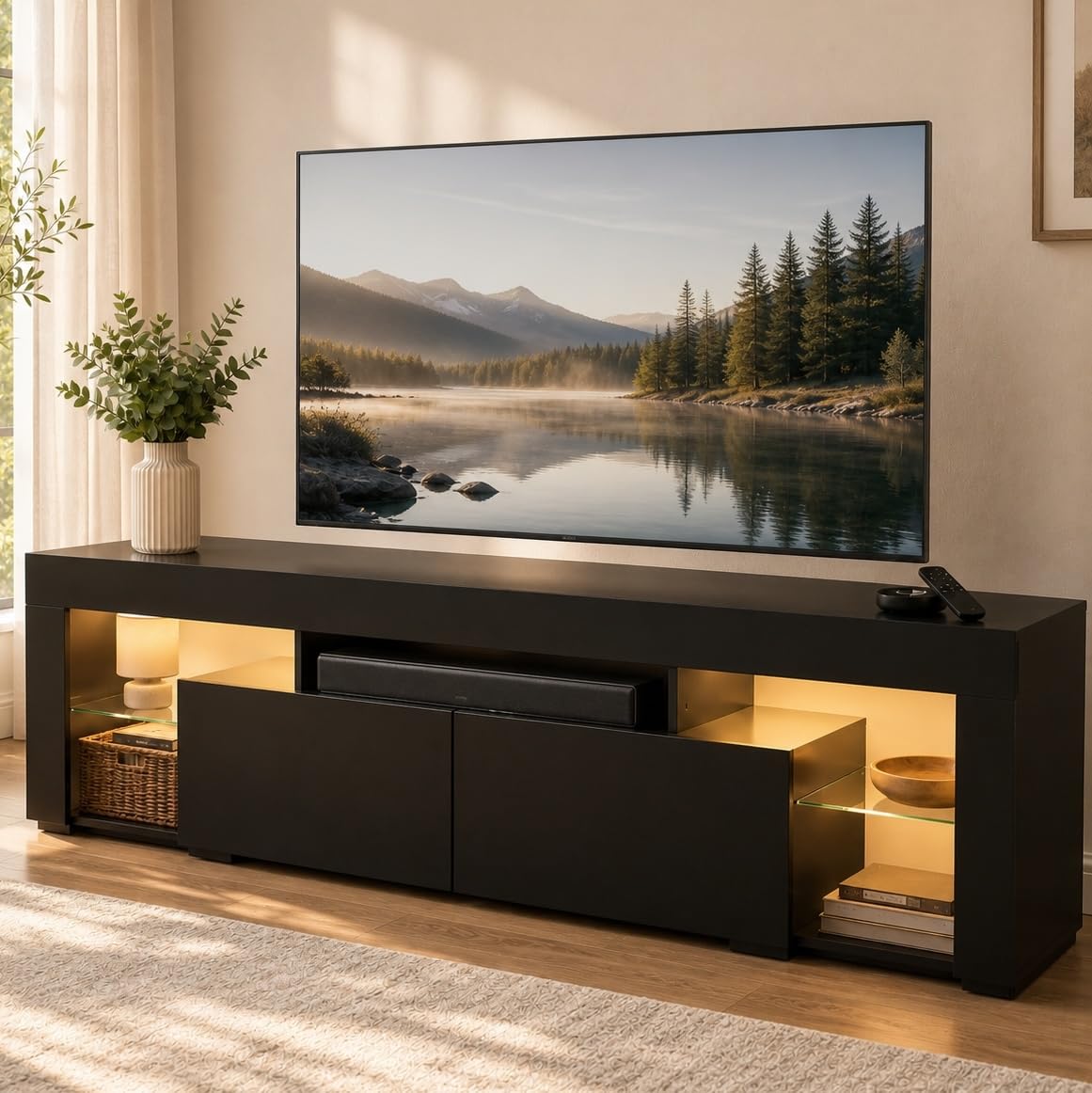 WLIVE 63 Inch TV Stand for 55/65/70 Inch TVs, Modern Entertainment Center with 20 LED Lights & 2 Large Storage Drawers, Media Console Table, Gaming Television Stands for Living Room, Bedroom, Black