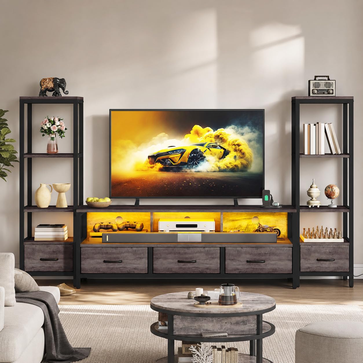 DWVO Industrial LED TV Stand for 65 Inch TVs, Entertainment Center with 2 4-Tier Bookshelves & Power Outlets, Media Console Table with 5 Drawers & Open Storage for Living Room, Grey