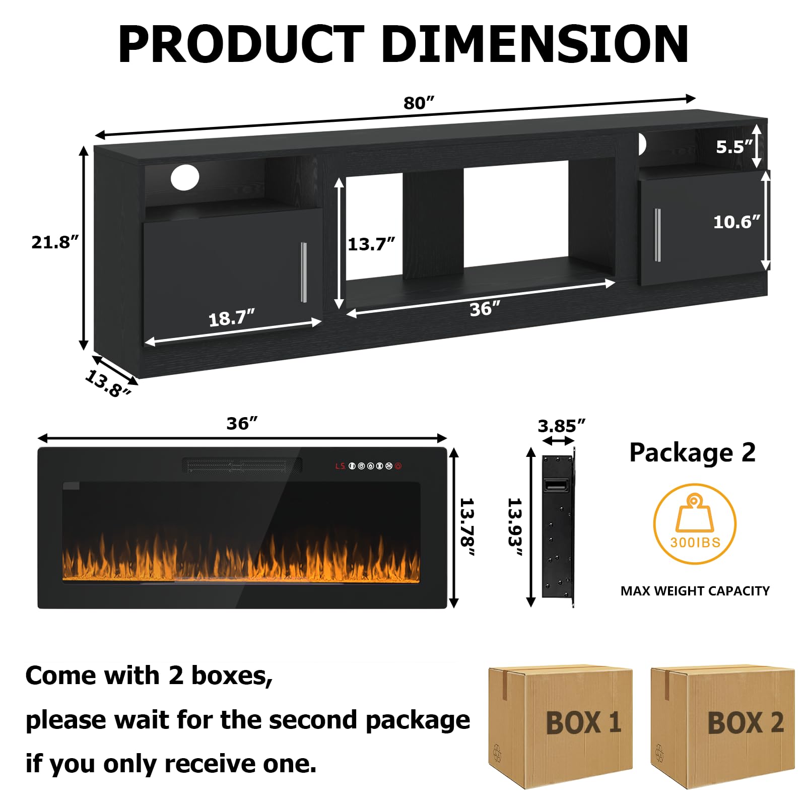 PRETZI Fireplace TV Stand with 36" Fireplace Up to 80" TVs for Living Room