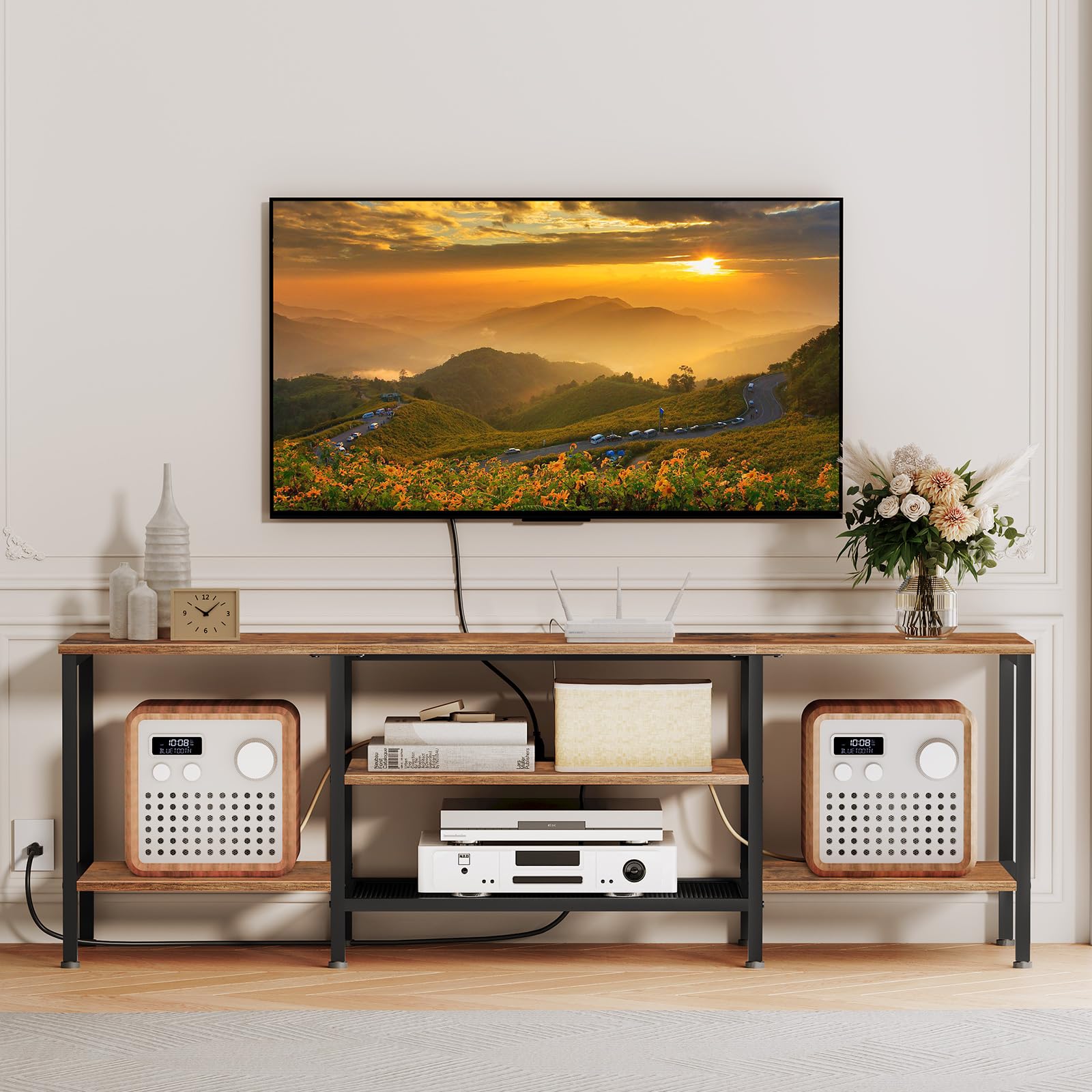 HOOBRO TV Stand with Power Outlets to 75 Inches, TV Console Table with Open Storage Shelves Cabinet, Industrial Media Entertainment Center for Living Room Bedroom, Rustic Brown and Black BF80DS01