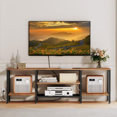 HOOBRO TV Stand with Power Outlets to 75 Inches, TV Console Table with Open Storage Shelves Cabinet, Industrial Media Entertainment Center for Living Room Bedroom, Rustic Brown and Black BF80DS01