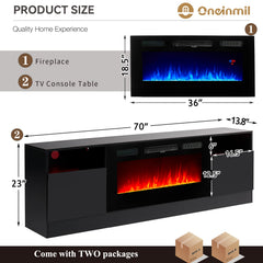 oneinmil Fireplace TV Stand with 36" Electric Fireplace, LED Light Entertainment Center, Modern Wood Texture Entertainment Stand with Highlight Storage Cabinet for TVs Up to 80", 70 inches, Black
